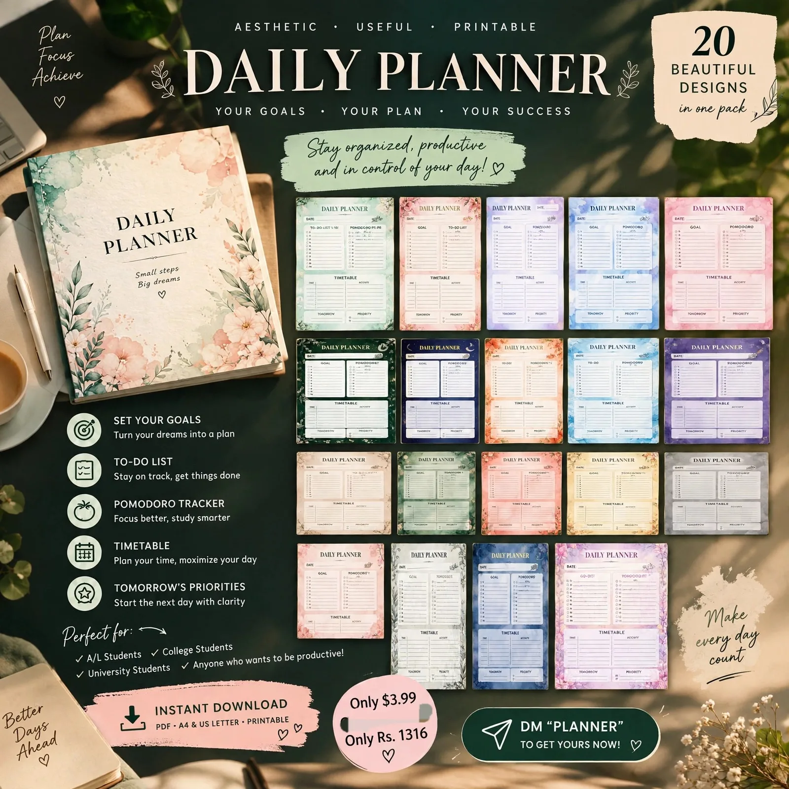 20 Aesthetic Daily Planner Bundle | 2026 Printable Planner | ADHD Daily Planner | To-Do List, Pomodoro Tracker, Timetable | A4 & US Letter PDF